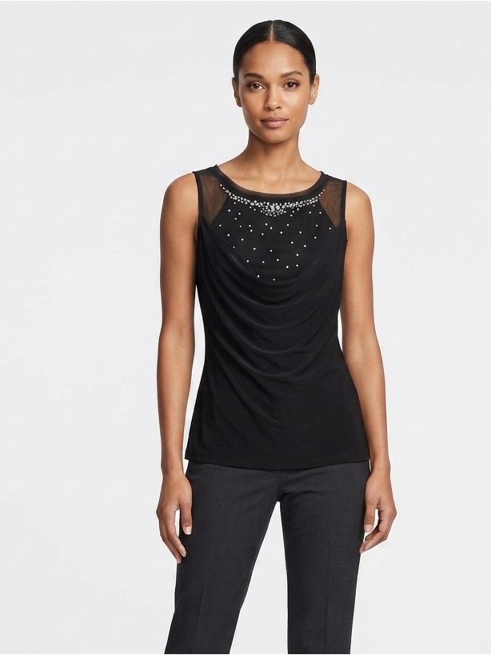 White House Black Market Black Mesh Drape Tank with Rhinestones
